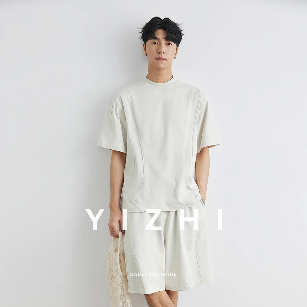 Men's Round Neck Solid Color T-shirt Drawstring Shorts Sports Leisure Loose Fashion Summer Cotton Half Sleeve Shorts Men Suit