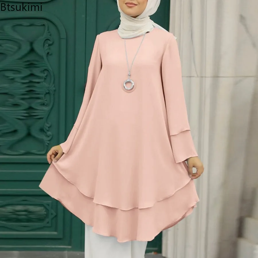 New Women Muslim Blouse Fashion Two-layer Design Elegant Female Holiday Party Solid Shirt Tops Turkey Long Robe Abaya Hijab 2026