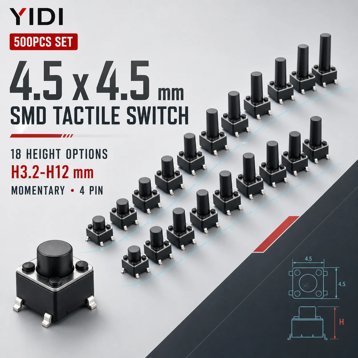 500pcs 4.5*4.5*4/5/6/7/8/9/10/12mm Momentary Tactile Tact Push Button Switch On Off 4 Pins SMD SMT Microswitch Electronic Set