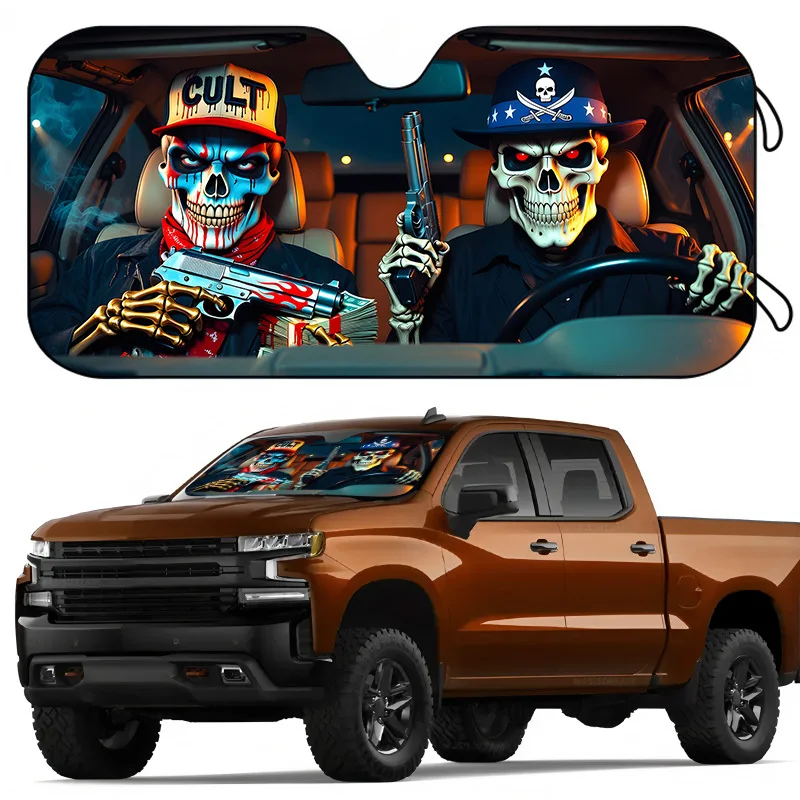 1Pcs Skeleton Gang Print Car Windshield Sunshade, Keeps Your Vehicle Cool, Easy To Install