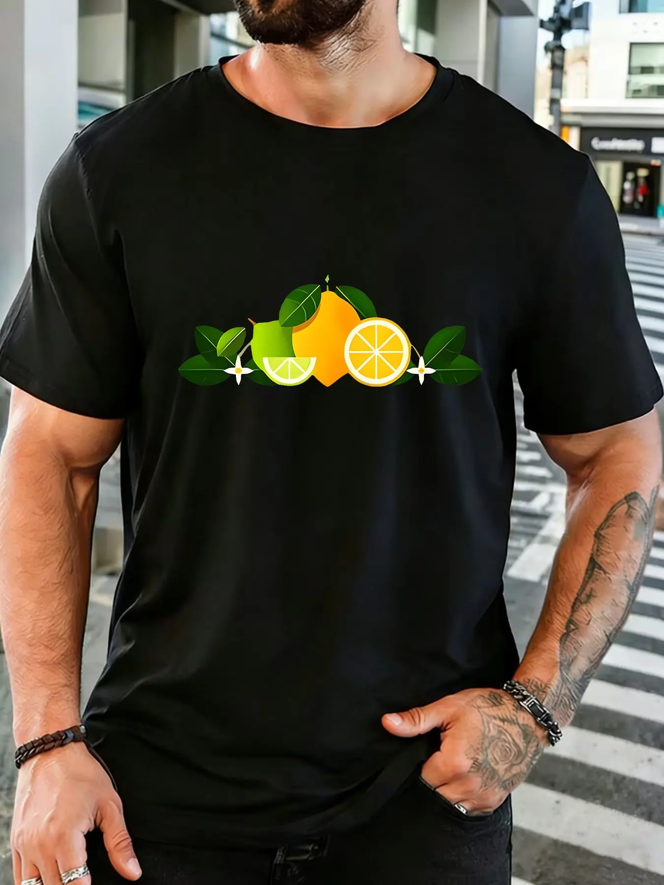 Men Cotton Crew Neck T Shirt Fresh Lemon Lime Citrus Fruit Leaf Floral Graphic Tropical Casual Short Sleeve Male Daily Top