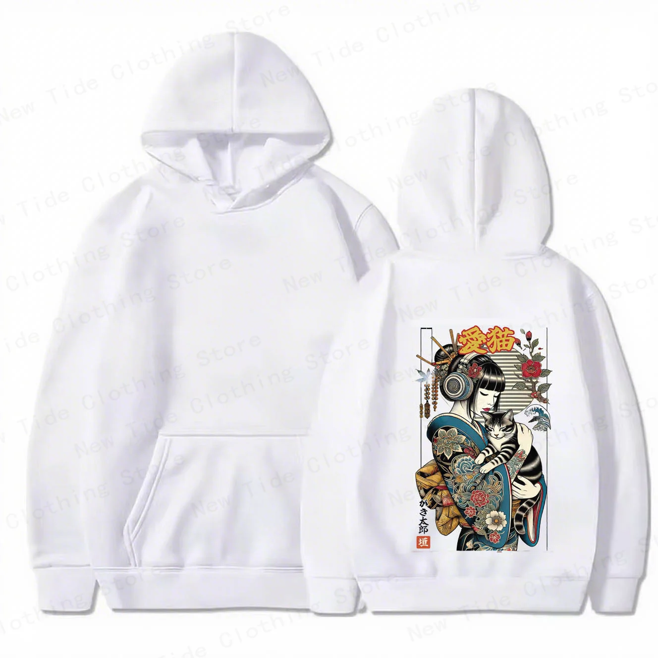 Men's Cotton Hoodie For Autumn Winter Boasting Unique Japanese Geisha And Cat Art For Standout Cold - Weather Wear
