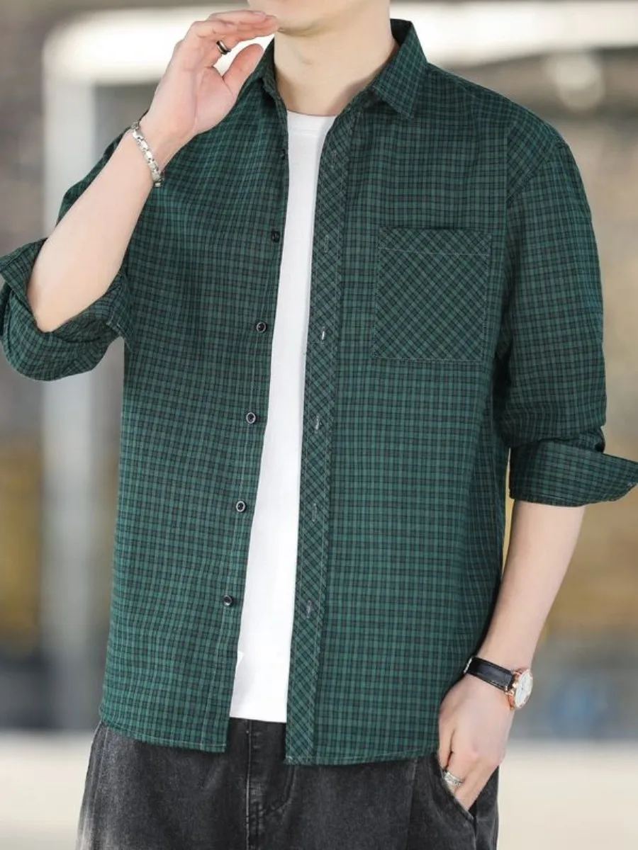 

Retro Plaid Men's Long Sleeve Shirt Spring Casual Loose Fit Versatile Spring City Walk Fashionable Inner Wear Collar
