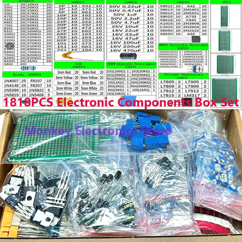 Kit de Componentes Eletrônicos, Resistores de Capacitores Monolítico, Diodos LED, PCB, Potenciômetro RM063, TO-220, 3mm, 5mm, 1818Pcs