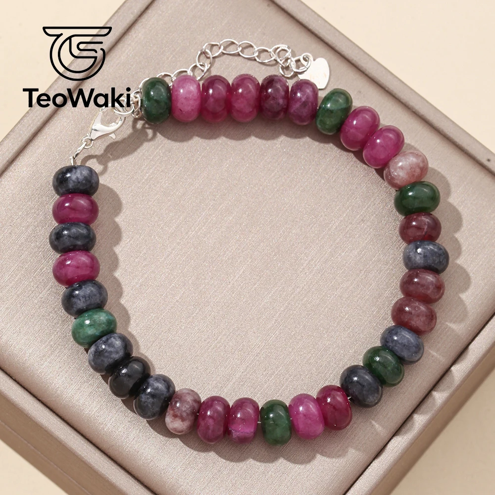 TeoWaki Dark Tourmaline Abacus Beads Bracelet Natural Stone Beaded Bracelet Adjustable Hand Jewelry Women Daily Wearing Bracelet