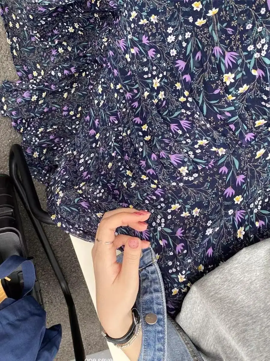 Jupe mi-longue trapèze taille haute, imprimé Floral, en mousseline de soie, fine, longue, coréenne, pour les déplacements, coupe ample, Production chinoise