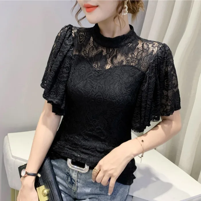 Sexy Hollow out Lace Top Women's Short Sleeve Pleated Sleeve Slim Fit Versatile Street Style round Neck Regular Length T-shirt