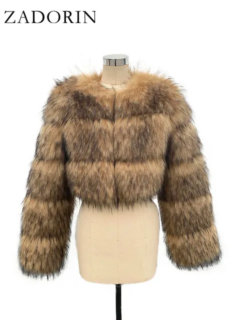 ZADORIN Wysokiej jakości krótki płaszcz ze sztucznego futra szopa Kobiety Moda zimowa O Szyja Długi rękaw Puszysta krótka kurtka ze sztucznego futra Crop Top