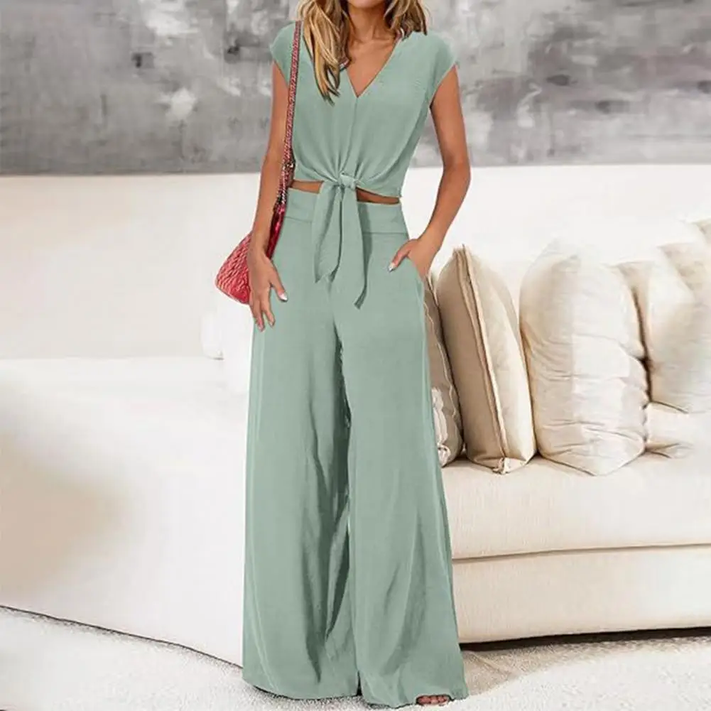 Women Top Pants Suit Cap-sleeved Strappy Top Wide-leg Trousers Set Chic Lace-up Knot Women's Top Pants Set Stylish V for Soft