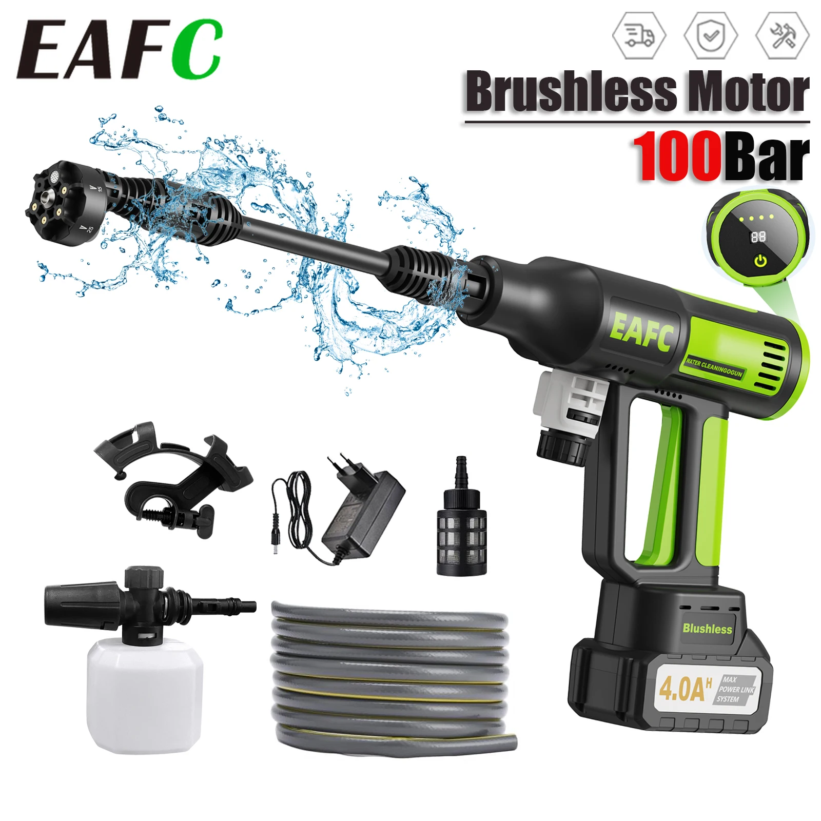 EAFC 100Bar 6 IN 1 Brushless Electric High Pressure Water Gun Garden Cordless Washing Machine for 21V Makita Battery Car Washe