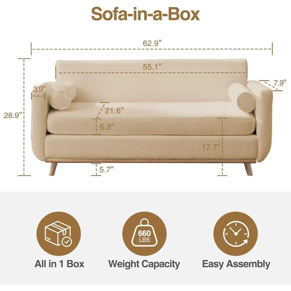 أريكة شيربا بمقعدين حديثة للمساحات الصغيرة، أريكة مريحة باللون البيج لغرفة المعيشة أو المكتب المنزلي