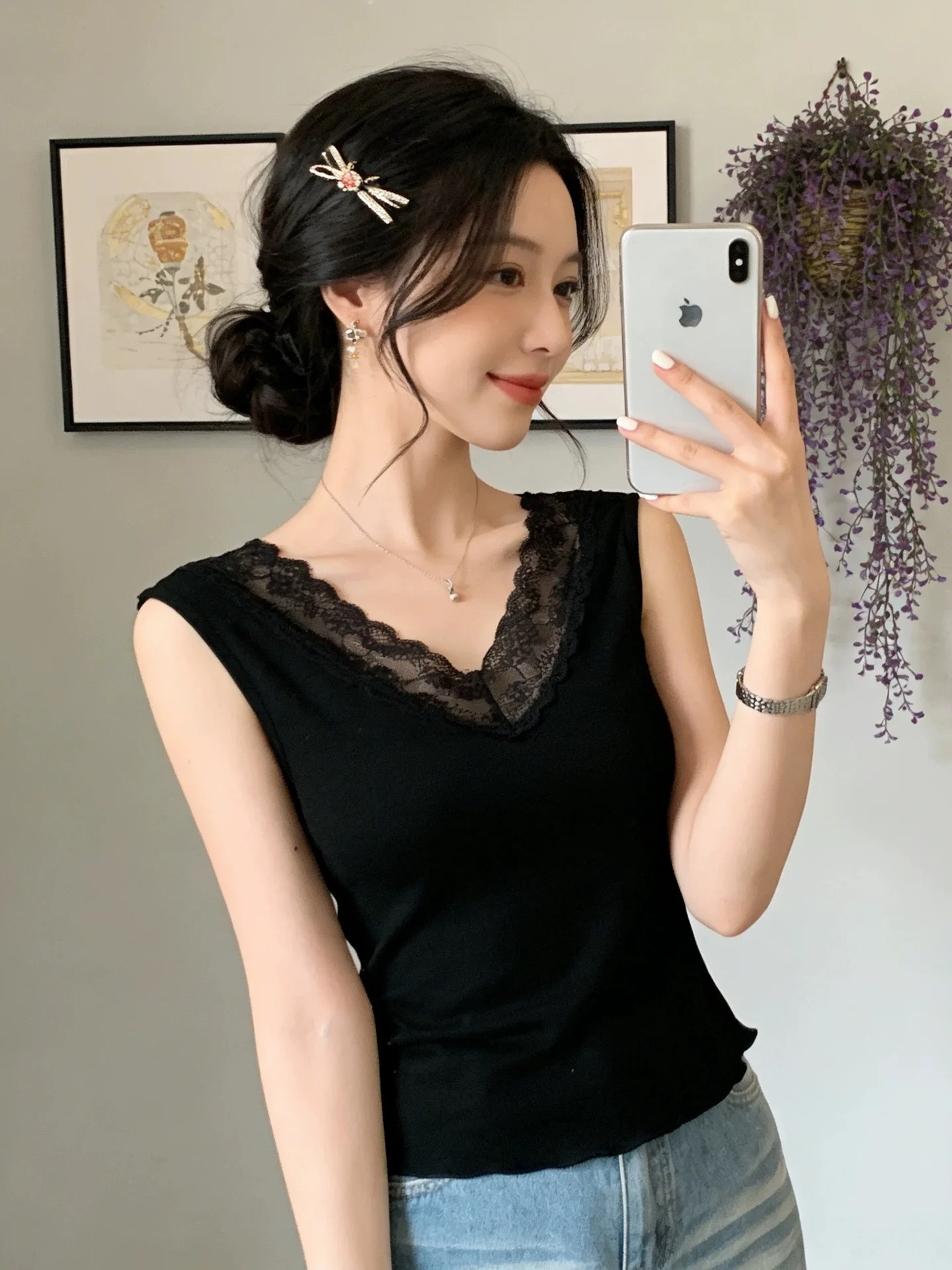 Women's Lace V-neck Tank Top 95% Cotton Sleeveless Summer Fashion Inner Wear Slim Fit Base Layer Large Size plus Size