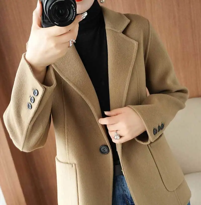 2024 New Short Temperament Blazer Jacket Women\'s Autumn Slim Pocket Wool Coat Single Button Casual Female Blazers Outwear Tops