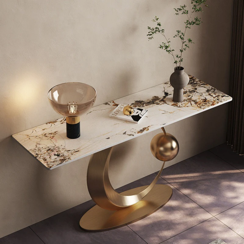 

Italian light luxury stainless steel half moon entrance table simple corridor aisle entrance entrance platform marble slate