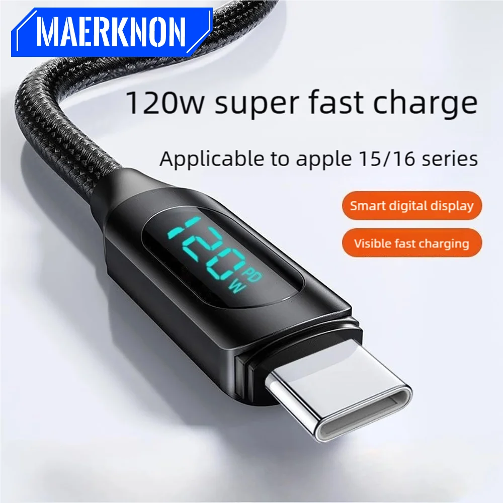 

USB/Type C To Type C Smart Display Nylon Cord 120W 6A Fast Charging Cable For iPhone Samsung Xiaomi Huawei Type C Charging Wire