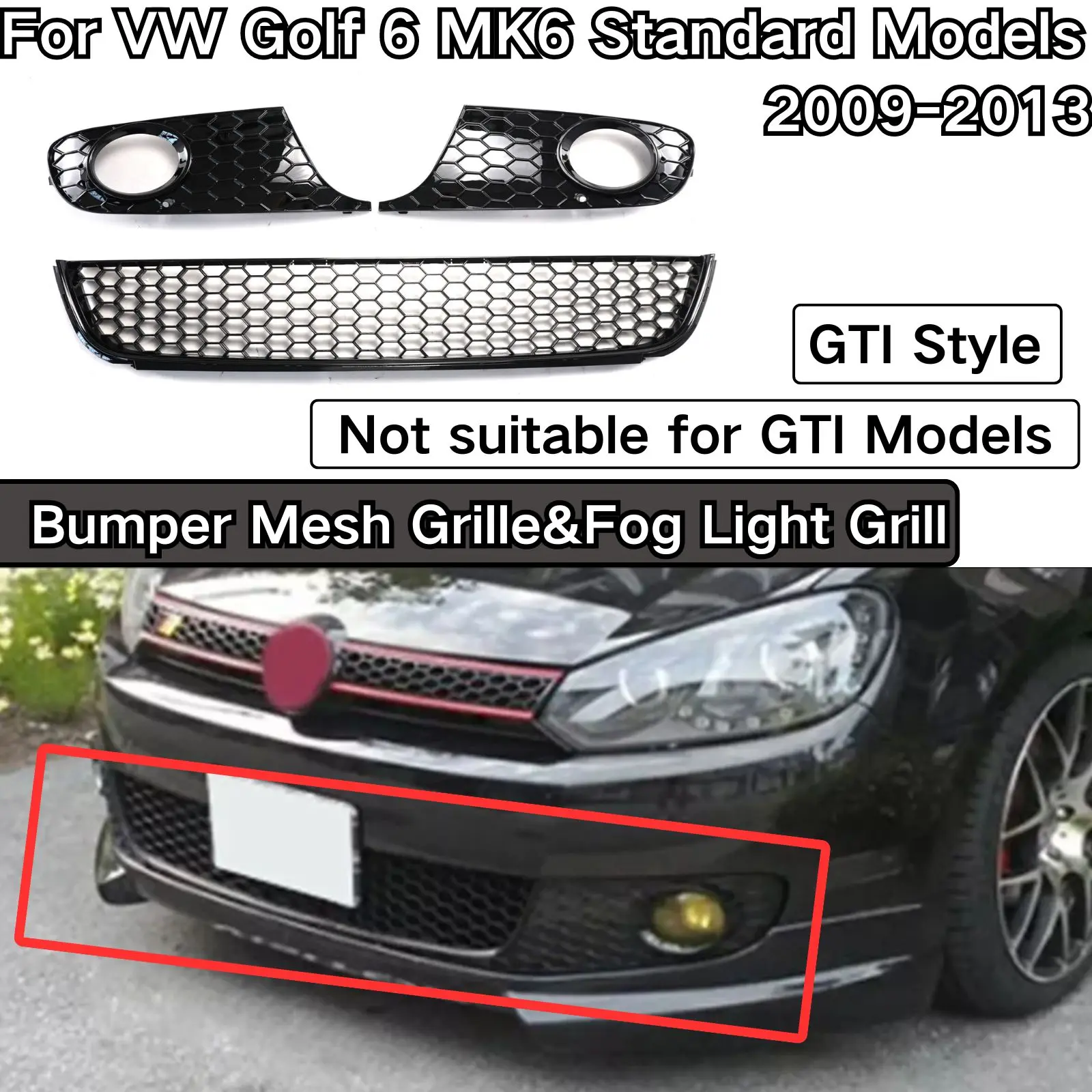 

GTI Style Front Lower Bumper Mesh Grille Fog Light Grill For VW Golf 6 MK6 Standard Models 2009 2010 2011 2012 2013 Accessories