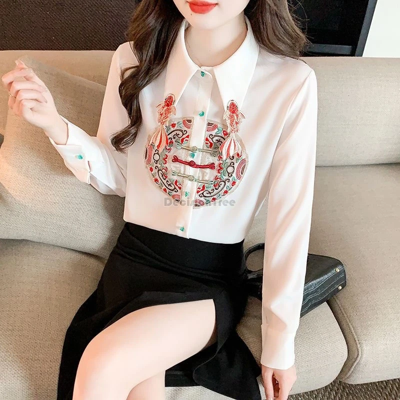 

2024 french style fashionable elegant blouse chinese style embroidery literature art tang suit top retro temperament zen garment