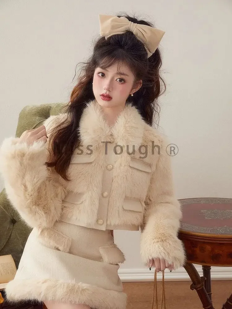 Winter White Japanese Sweet Two Piece Set Women Patchwork Y2k Elegant Mini Skirt Suit Female Korean Style Warm Vintage Set 2023