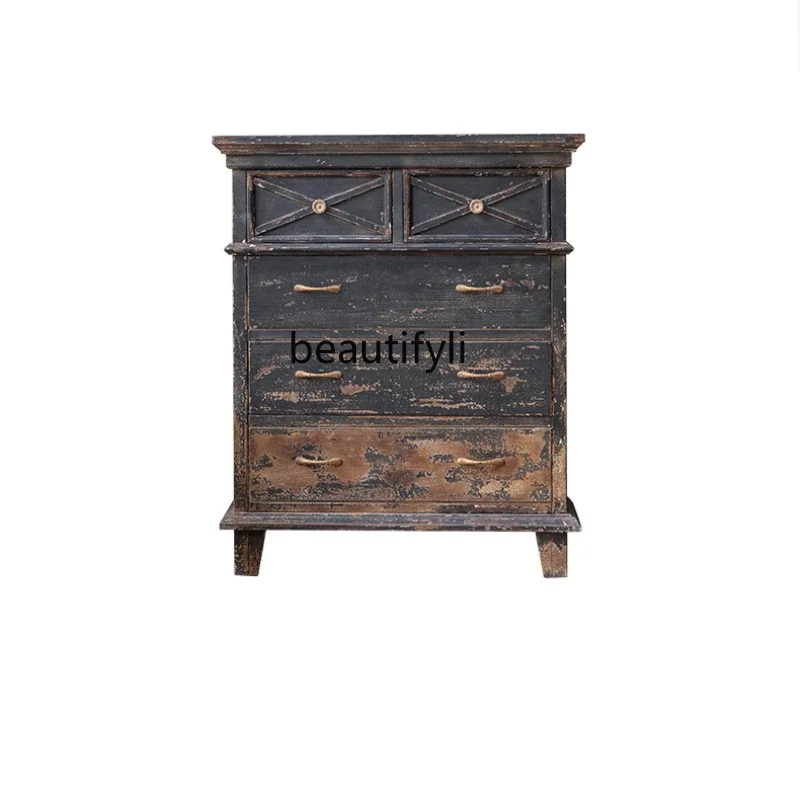 

Retro Porch Chest of Drawers Solid Wood Distressed Mid-Ancient Side Cabinet Household Sundries Low Cabinet against the Wall