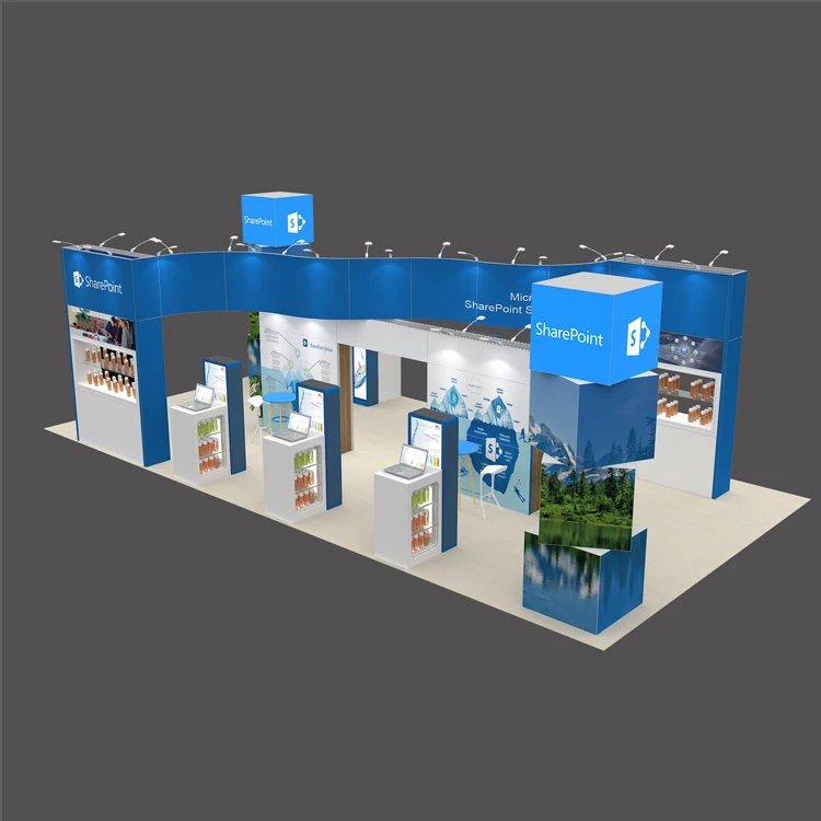 Grande cabina espositiva da 6x12 m con contatori espositivi per fiera