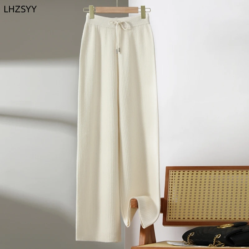 LHZSYY 100%Pure Cashmere Wide-Leg Pants Ladies New Pit Knitted Straight Pants Long Thick Casual Pants High Waist High-End Winter