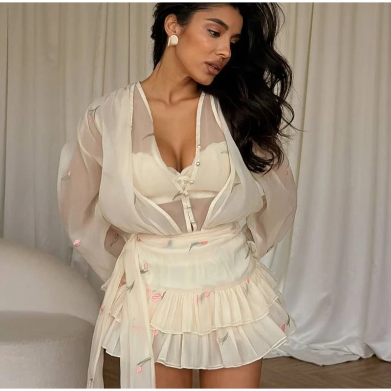 2026 Spring Summer Floral Embroidered Chiffon Wrap Tie Waist Ruffle Mini Dress Sheer V-Neck Romantic Feminine Women Date Vestido