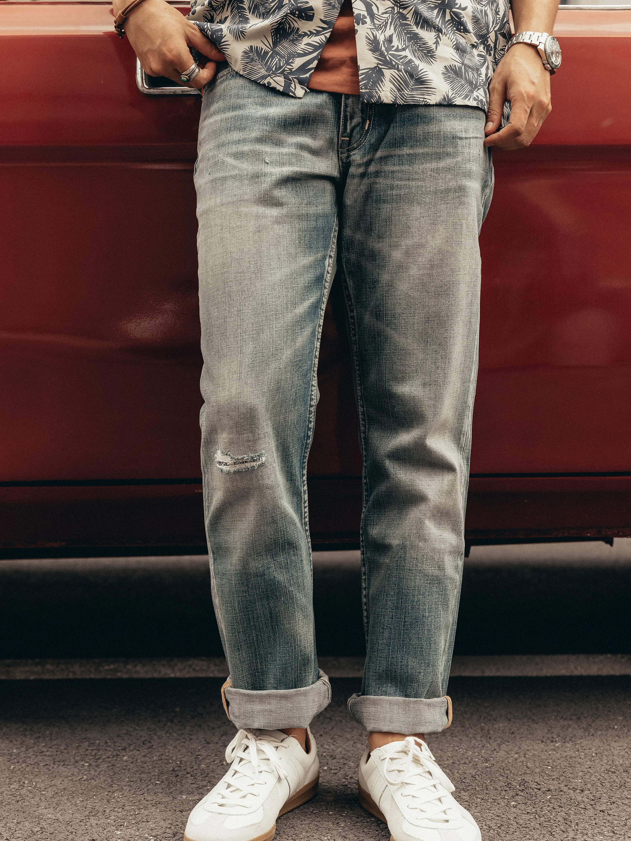 D10 RedTornado Good Quality  Washed Slim Fitting Denim Pants 100% Cotton Heavy Thick Jean 13oz