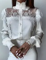 Elegant Women's Tops Autumn 2023 Fashion Commuting White High-Neck Mesh Lace Stitching Button Wood Ear Long-Sleeved Shirt Tops