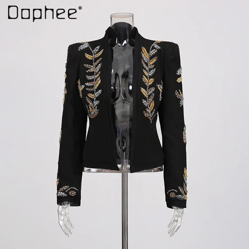 

French Court Style Heavy Beading Rhinestone High-end Suit for Women 2025 Autumn Winter New Elegant Long Sleeve Slim Blazer Coat