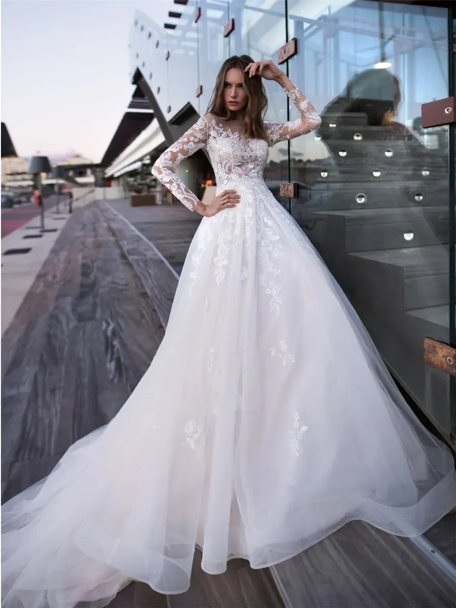 Elegance Long Sleeves Appliques ALine Wedding Dresses Formal Bridal Gowns Beach Wedding Wear Custom Vestidos De Marriage