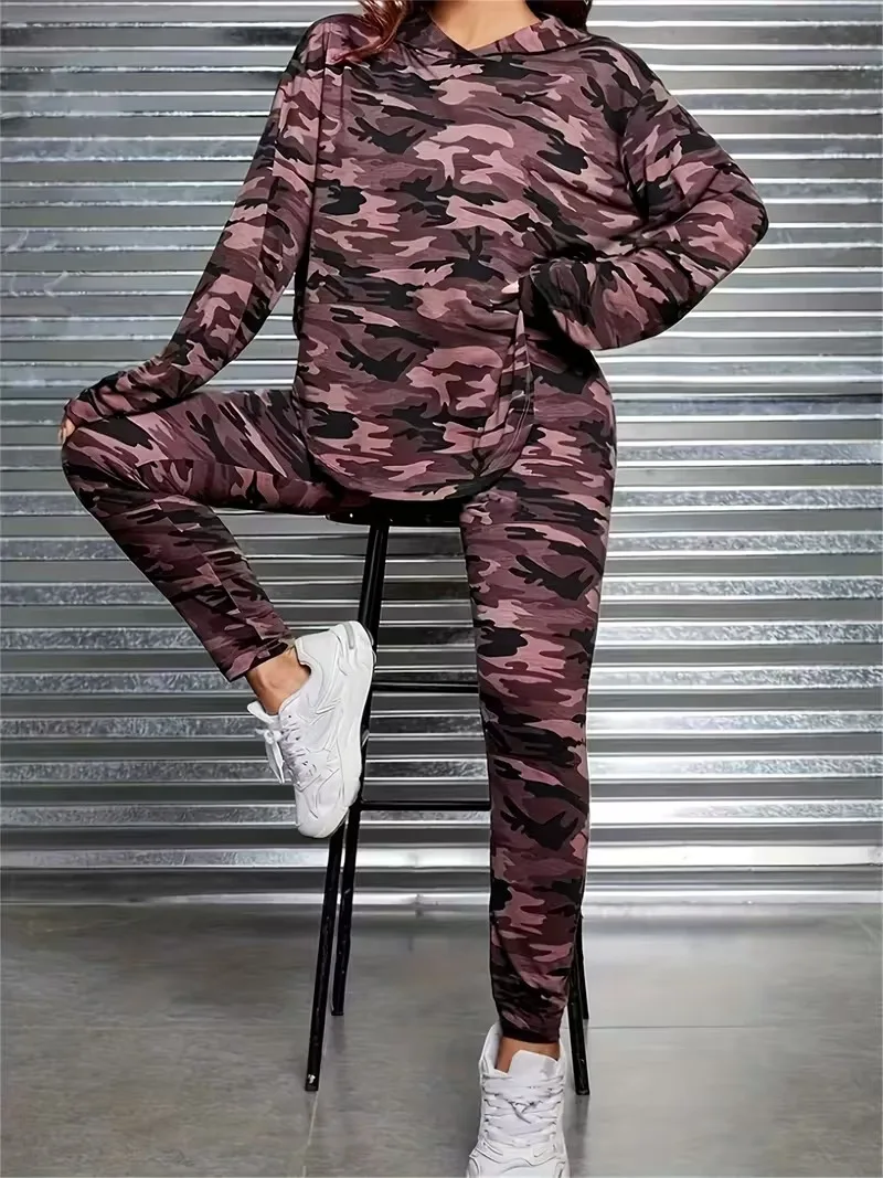 Damen Camouflage-Print Kapuzen-Trainingsanzug, Oversize Langarm-Hoodie, Jogginghose mit Bündchen, Lässige Loungewear, Zweiteiliges Outfit-Set – Detail 9