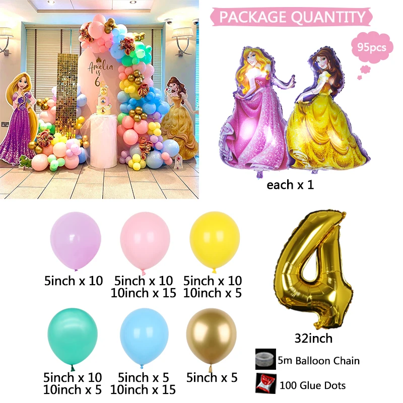 95 pçs disney princesa tema balões de aniversário arco guirlanda decorações de festa globos de ar menina festa de aniversário decoração suprimentos