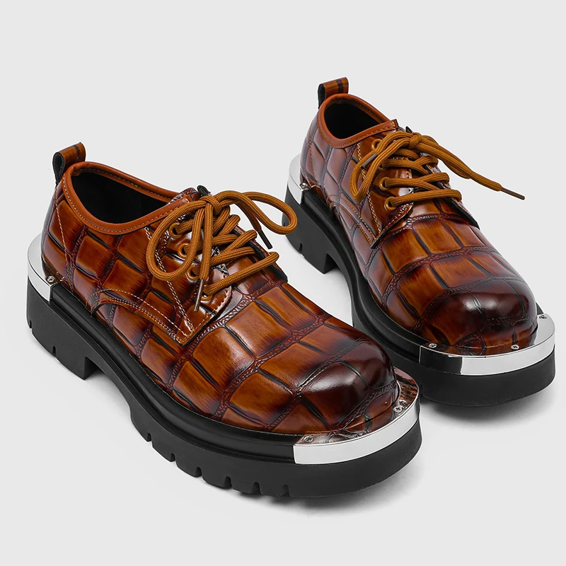 

Retro Brown Checkered Derby Shoes Man Platform Leather Casual Shoes For Men Big Size 46 Metal Business Mens Shoes zapatos hombre