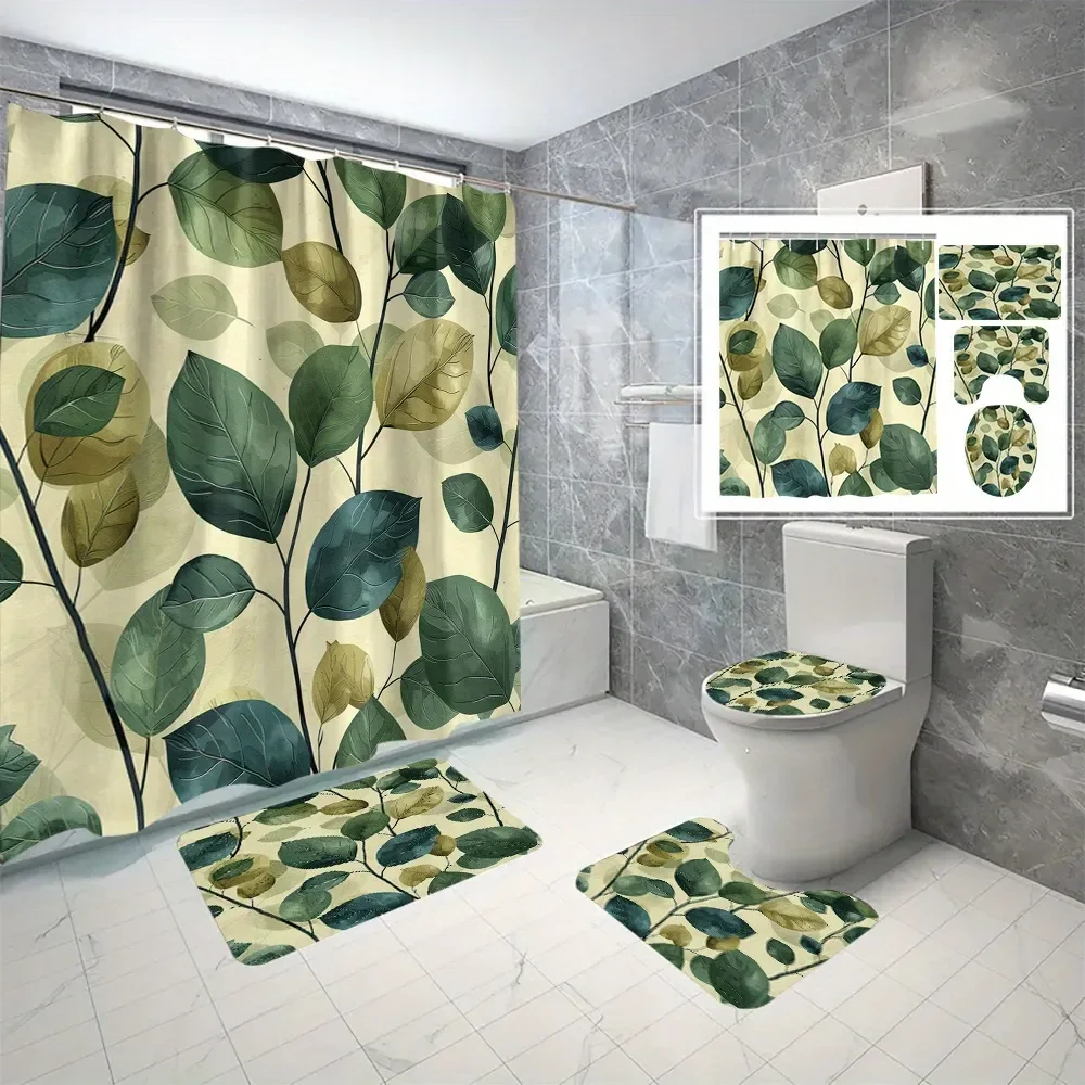 4 Pcs Green Leaf Shower Curtain Set Waterproof Fabric Bath Curtain Botanical Non-Slip Bath Mat Toilet Lid Cover Decor