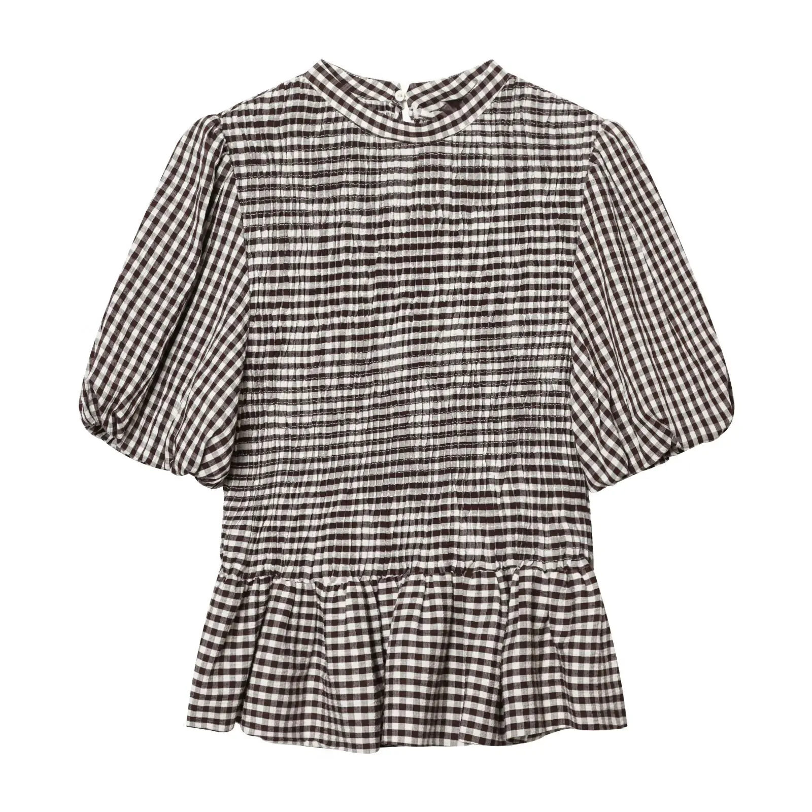 HH Vintage Damen Bluse mit Rüschensaum, elegantes Party-Shirt, modische Strand-Urlaubsbluse, kurze Puffärmel, lässige Sommer-Karo-Bluse, schmal geschnitten – Detail 2