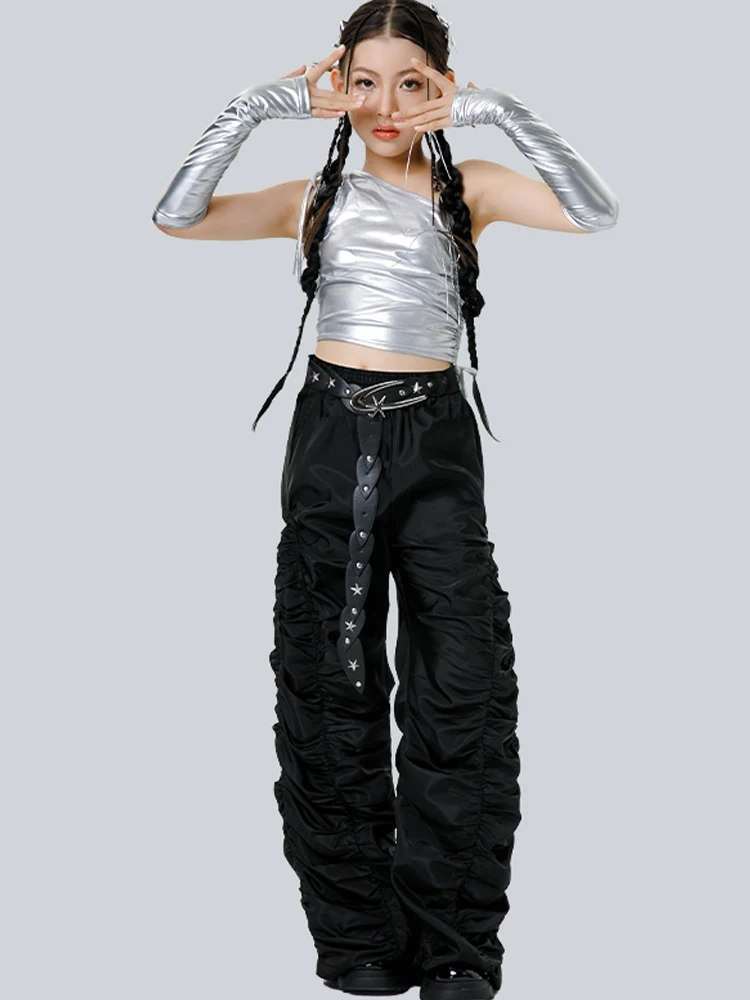 2025 Kinderen Hip Hop Dansvoorstelling Kostuums Voor Meisjes Zilver Tops Zwarte Broek Streetwear Jazzdans Podium Outfits DQS 20781