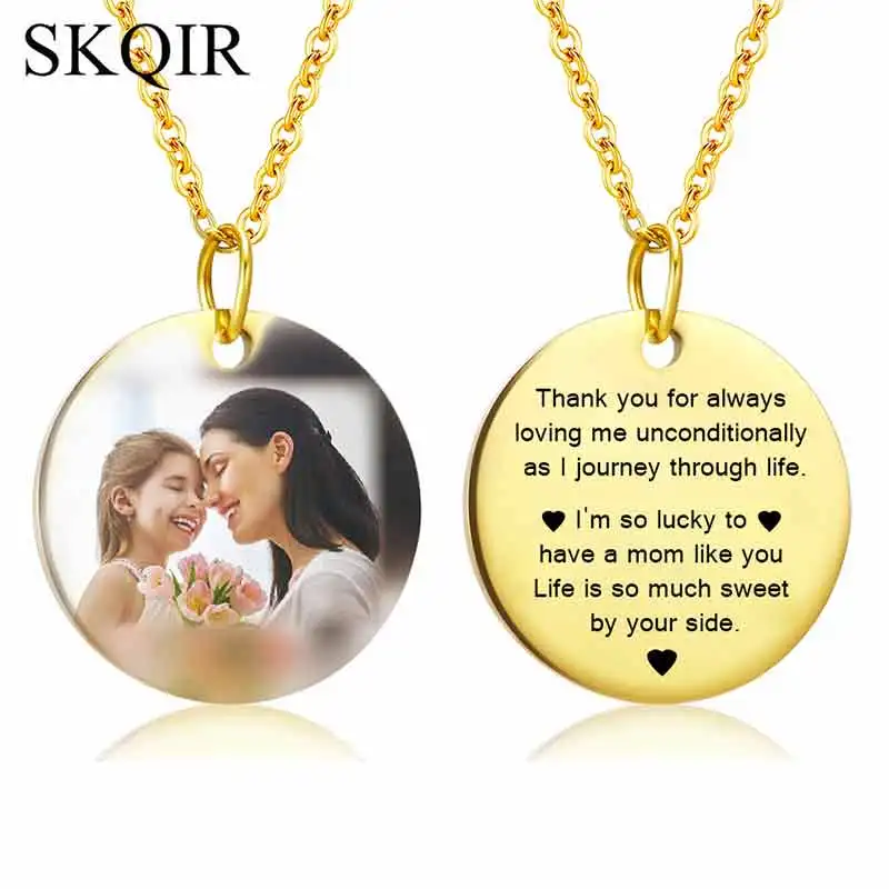 SKQIR Customized Name Photo Necklaces for Women Personalized Heart DIY Round Pendants Nameplate Tag Men Jewelry Lover Gifts