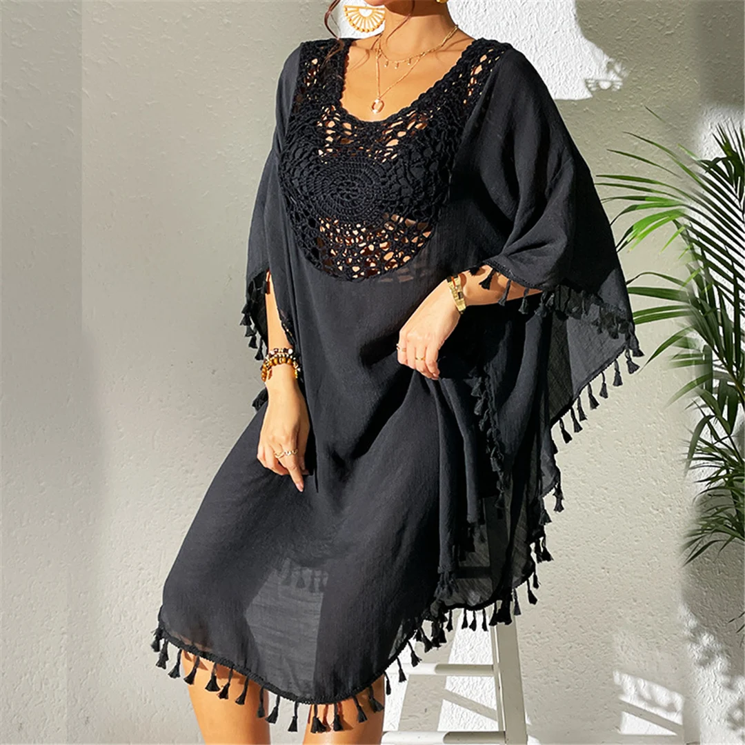 Neue Tunika mit Fransen, Quasten und Stickerei, halblange Ärmel, Strandkleid, langes Strandkleid, Strandmode, Damen, V5328 – Detail 14