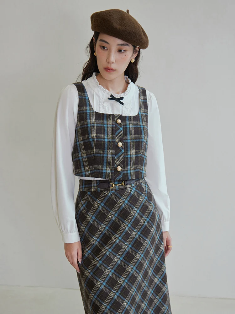 DUSHU Women Brown Blue Plaid British Style Vest Skirt Sets Camisole Long A-LINE Skirts Office Lady Thicken 5.4% Wool Set