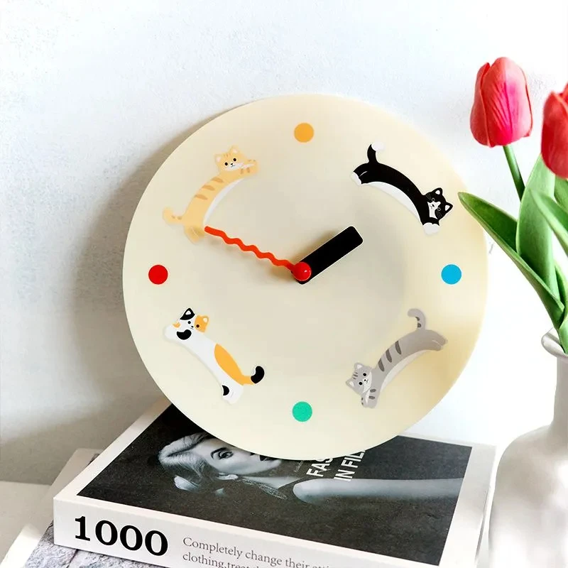 Cartoon Cat Clock Acrylic Pet Shop Cat Coffee Table Clock Study Living Room Mute Wall Hanging Clock Decorative Quartz Watch