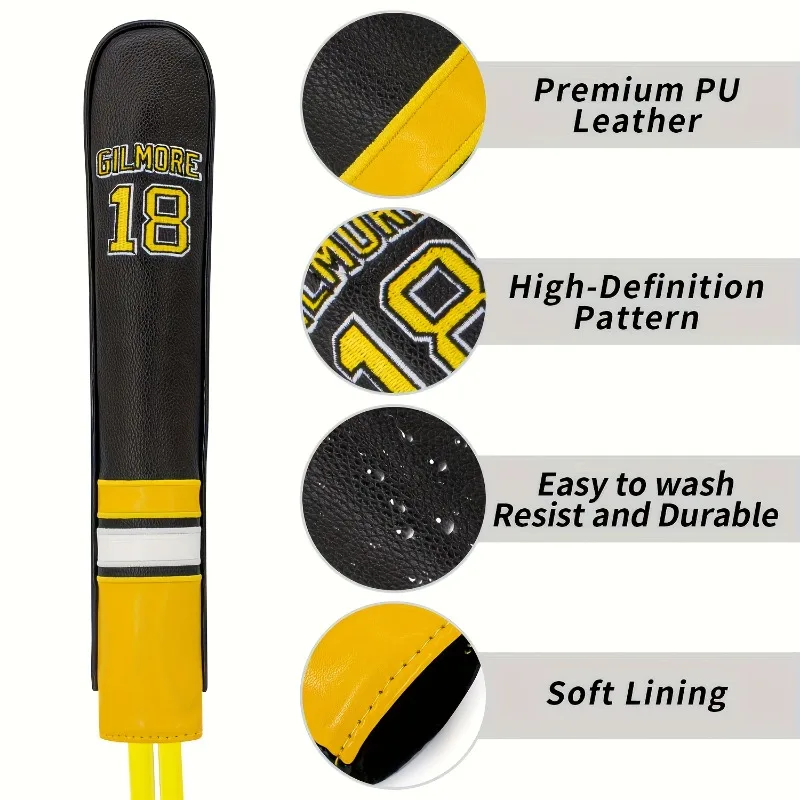 การต่อสีสองโทน หมายเลข ชุดออกแบบตำแหน่งกอล์ฟ 18 ชิ้น - สีขาวและสีดำ พร้อมสีเหลือง ฝาครอบหัวไม้กันฝุ่นและทนทาน