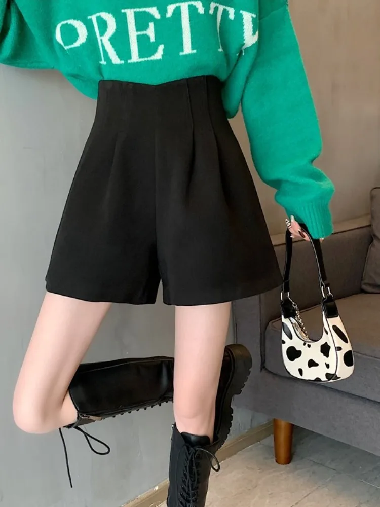

Women's Suit Shorts for Outer Wear, A-line Pants for Petite, Black Woolen Wide-leg Pants, Plus Size High-waisted Slimming Boot S