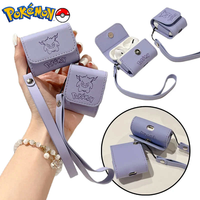 Pokemon Gengar PU Case for AirPods 1 2 3 Pro Decorative Protective Covers with Lanyard Ear Case Is Anti-drop Leather Cover Gifts