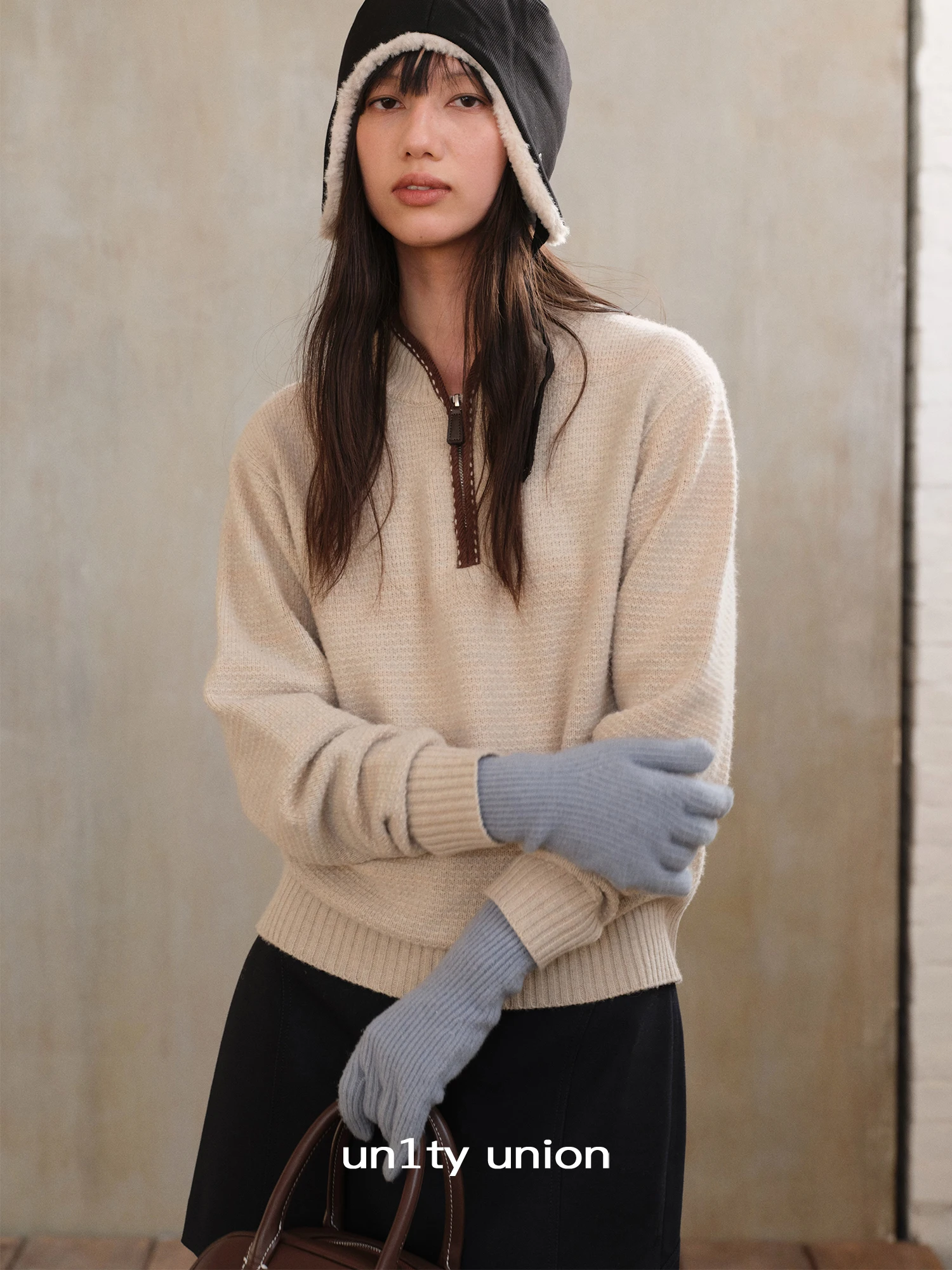 

Retro Texture Woolen Corduroy Knitted Zipper f Open Collar -Bordered Top Women's Warm Long Sve Organic Cotton Blend