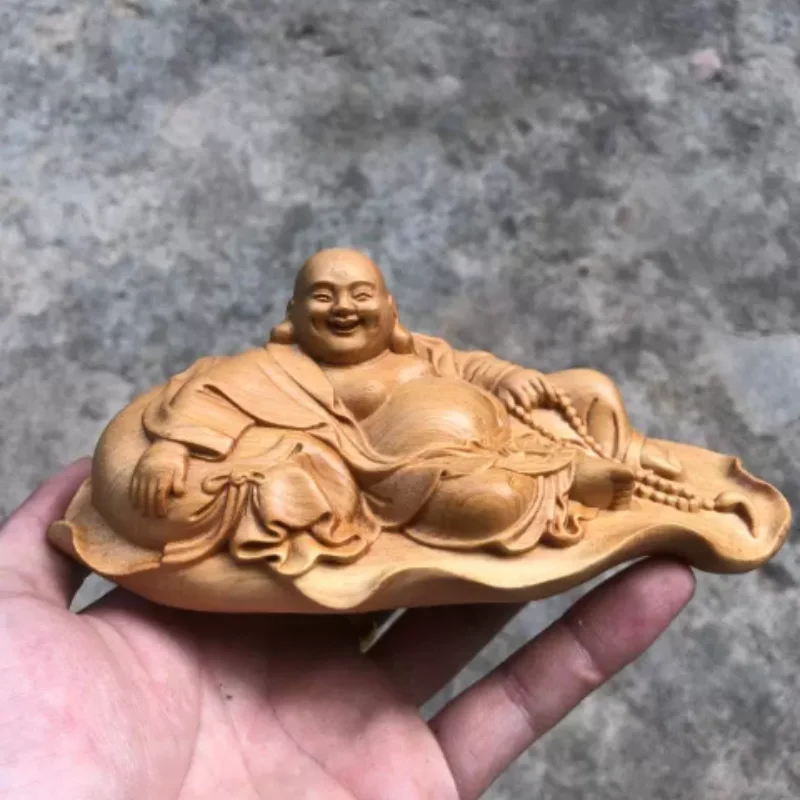 Cliff Cypress Wood Carved Laughing Buddha Statue - Feng Shui Lucky Bag Maitreya Figurine, Home & Car Desktop Auspicious Decor