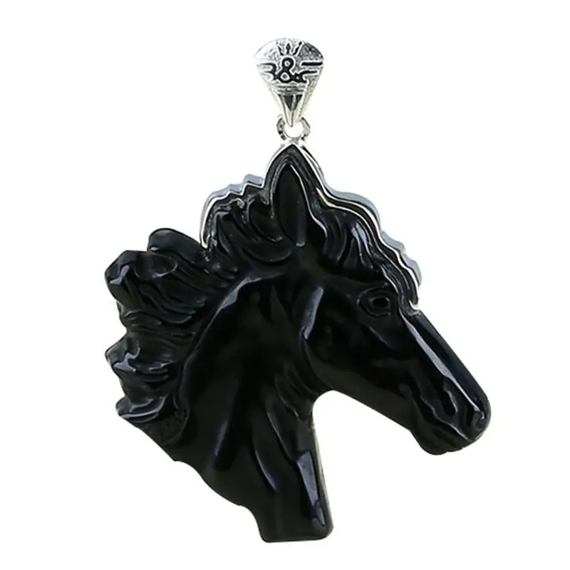 925 Silver Jewelry Natural Stone Obsidian Carved Horse Head Necklace Accessories Pendant Bead 47x40x9mm 24g