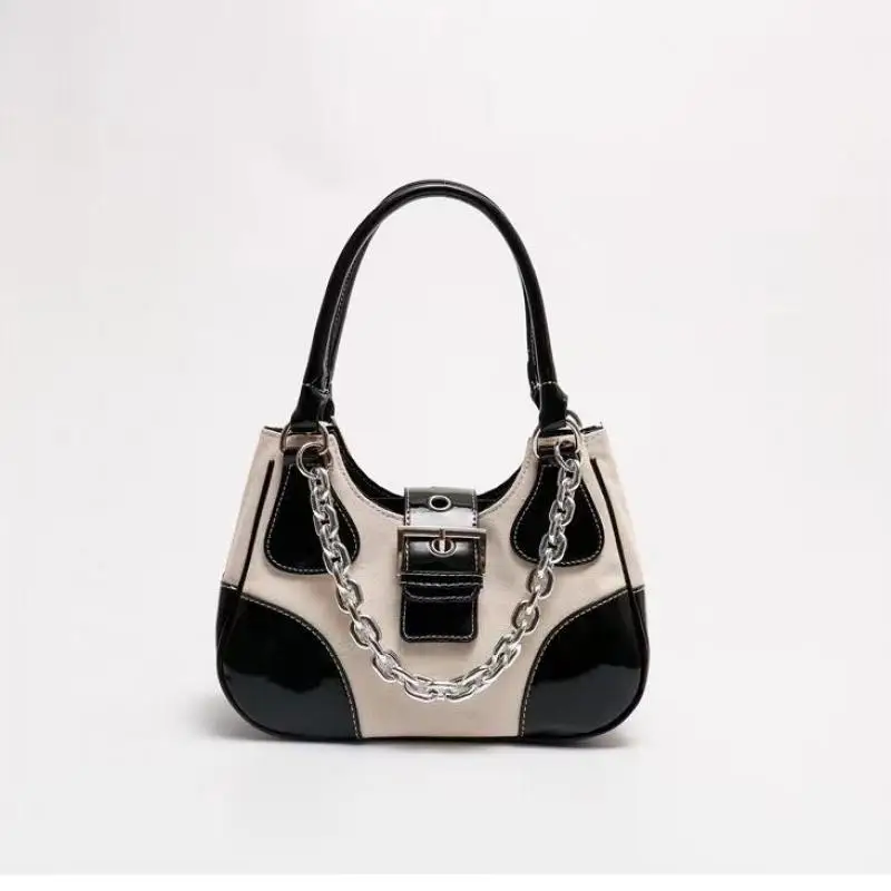 New Fashion Underarm Bag Women's Bag Metal Chain Bag Versatile Shoulder Bag Spliced Lacquer Canvas Bag Handbag Small Square Bag