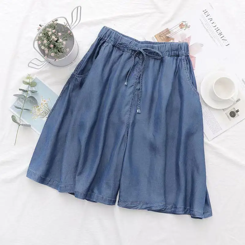 Ice Silk Denim Women's Shorts 2024 Summer New Loose Drawstring Sagging Elastic Waist Wide Leg Short Hot Pants Ropa De Mujer