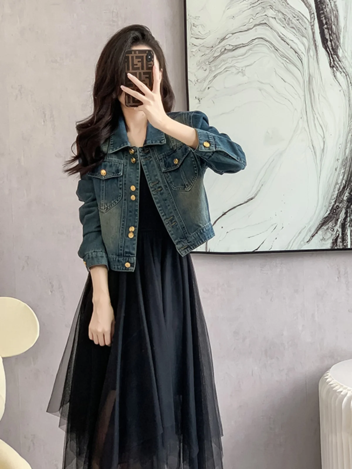 

Retro Hong Kong Sle ort Denim Jaet Women's Spring Autumn Slimming Pure Color Collar Button up Casual Jaet