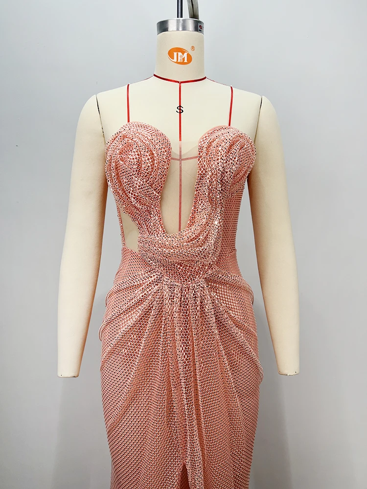 VC Gala Robe sans bretelles en maille transparente rose corail pour femme avec col en V et fente haute pour robe de gala de fête